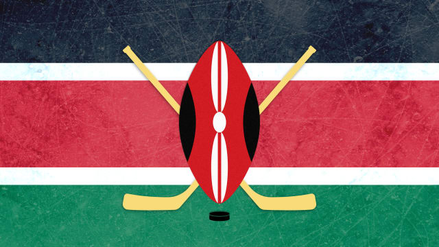 A photo illustration of the Kenyan flag with hockey sticks and a puck.