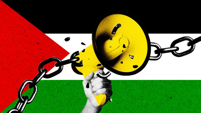 A photo illustration of a megaphone breaking through shackles on top of a Palestinian flag