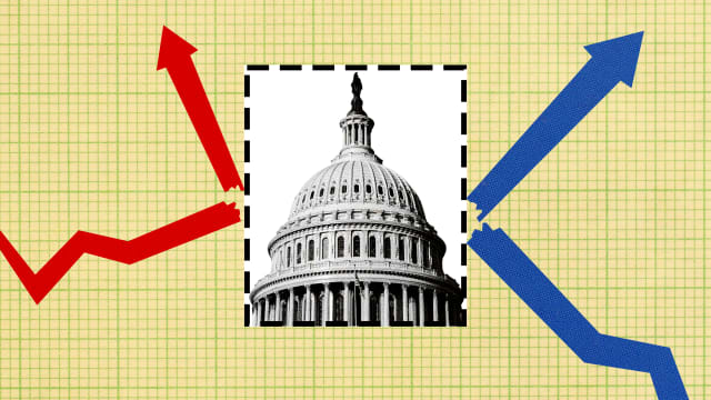 A photo illustration of the Capitol building and stock trading arrows.