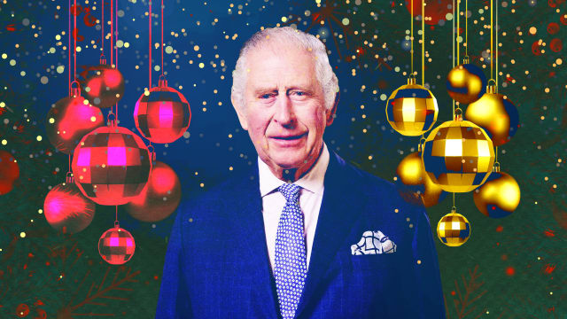 A photo illustration of King Charles on a Christmas background.