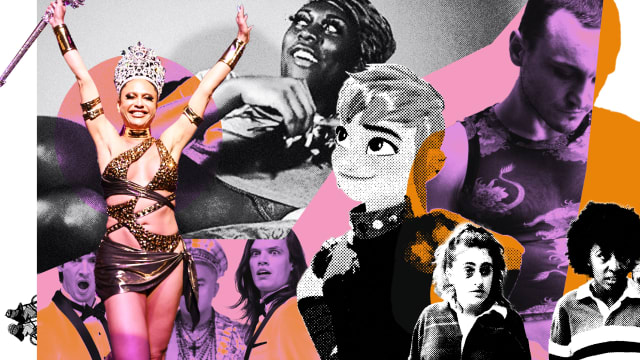 A photo collage of the best queer moments in TV and film this year, including Sasha Colby from RuPaul’s Drag Race, Nimona, Kokomo City, Bottoms, Frog and Toad, Dicks: The Musical, and Passages