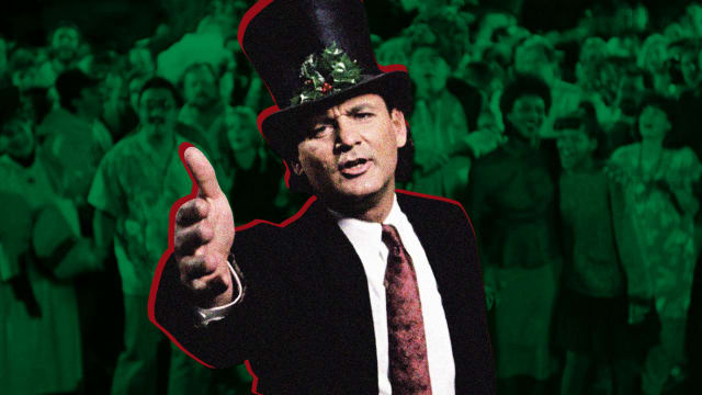 A photo illustration show the final scene of Scrooged with Bill Murray.