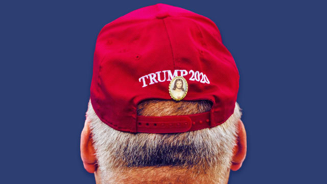 A photo illustration of a man with a MAGA hat and Jesus pin.