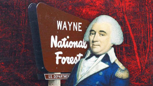 A photo illlustration of Anthony Wayne and Wayne National Forest.