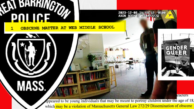 A photo illustration of a screengrab of body camera footage that shows people in a classroom that also shows a shelf of books