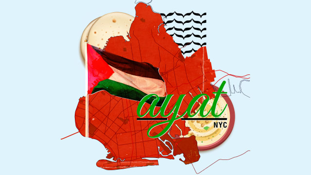 A photo illustration of the Palestinian flag, hummus, pita and the map of Brooklyn.