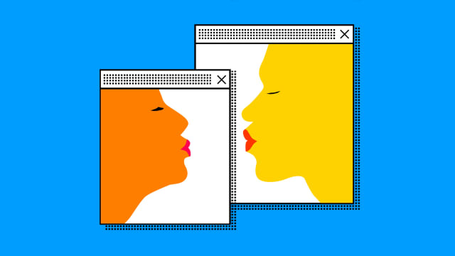 Illustration of people kissing in old computer windows