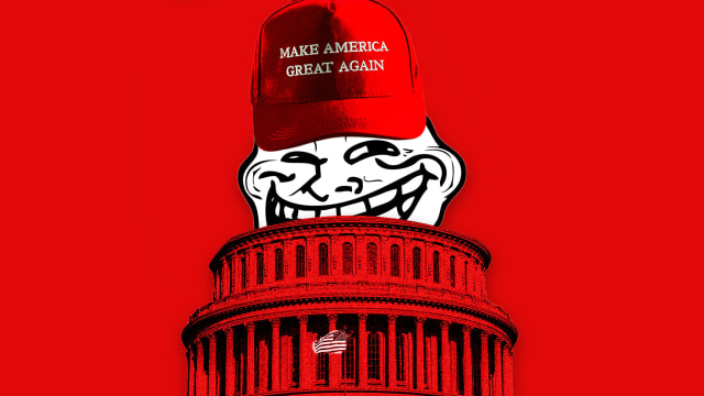 An illustration including the United States Capitol Building, a Troll face, and a MAGA cap