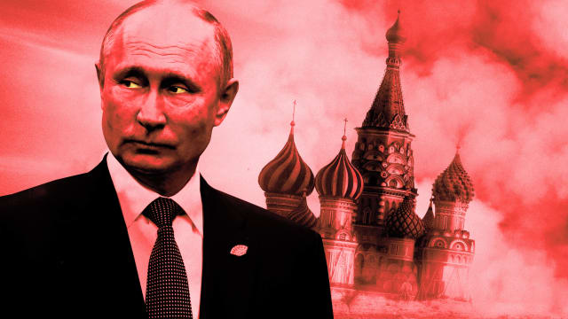 An illustration including a photo of Putin and The Moscow Kremlin covered in smoke