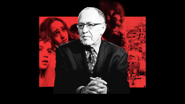 A photo illustration of Alan Dershowitz overlaying pictures of a bombed out area of Palestine and wounded children