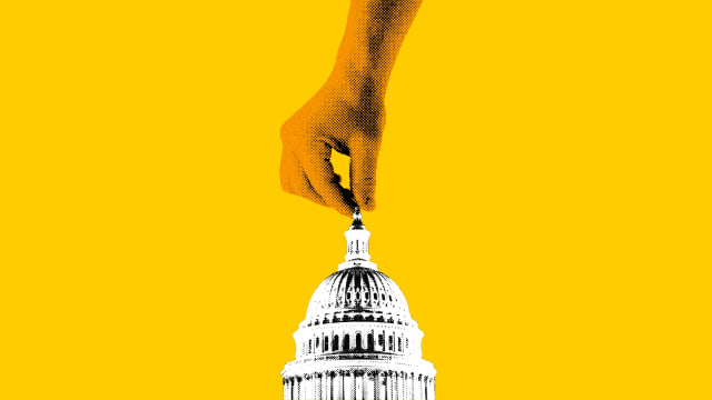 A photo illustration of the U.S. Capitol being plucked by an orange hand.