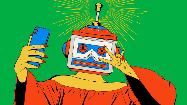 Illustration of a influencer taking a selfie with a robot head