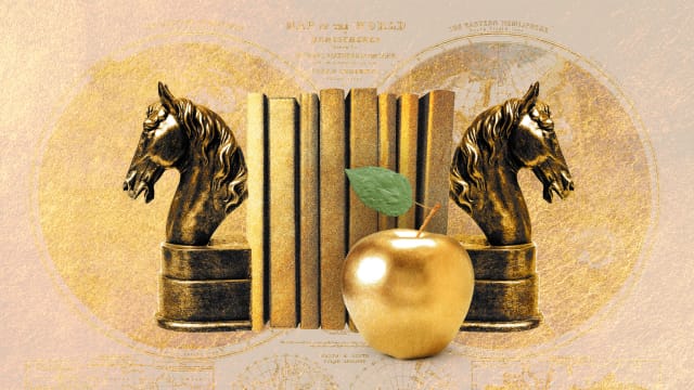 Photo illustration of golden horse bookends with gold books between and a gold apple in front on a gold map background