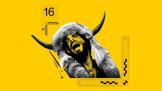 Photo illustration of Jacob Chansley, the QAnon Shaman, wearing his fur hat on a yellow background with evidence markers