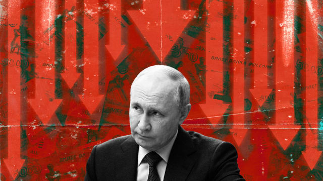 A photo illustration of Russian President Putin and falling arrows and rubles.