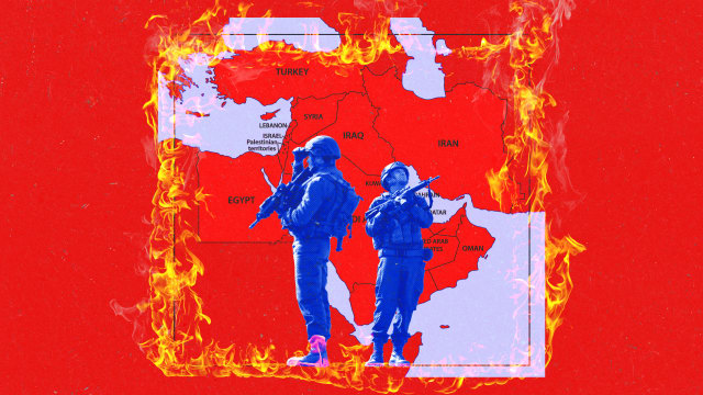 A photo illustration of the map of the Middle East, flames, and IDF soldiers.