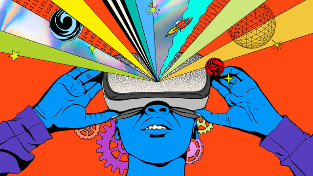 Illustration of a person with a VR headset with bright colored lines emerging from the goggles.