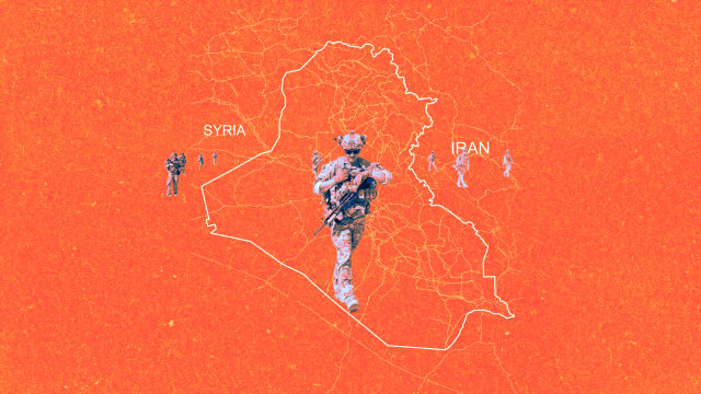 A photo illustration of US Army soldiers and the map of Syria, Iraq, and Iran.