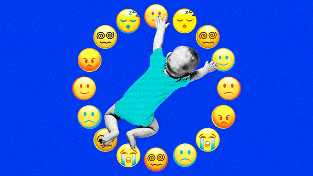 An illustration including a photo of a baby and a circle of emotions