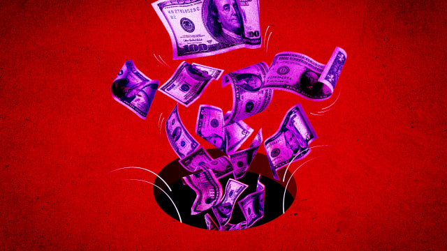 A photo illustration money falling down a dark hole.