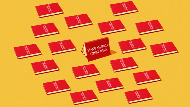 An illustration including photos of a red books and the MAGA logo