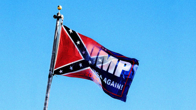 A photo illustration showing a Confederate flag and Trump 2024 flag.