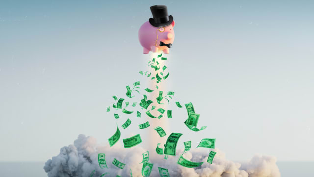 A photo illustration of piggy bank wearing top hat and monocle and money. 