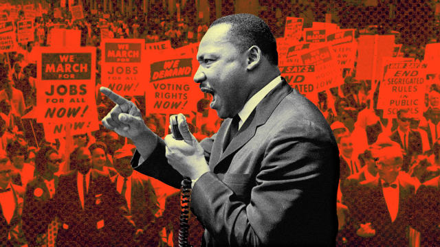 A photo illustration of Martin Luther King Jr. speaking and a civil rights march in Washington, DC.