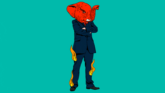 Illustration of a man in a suit with an elephant head and pants on fire
