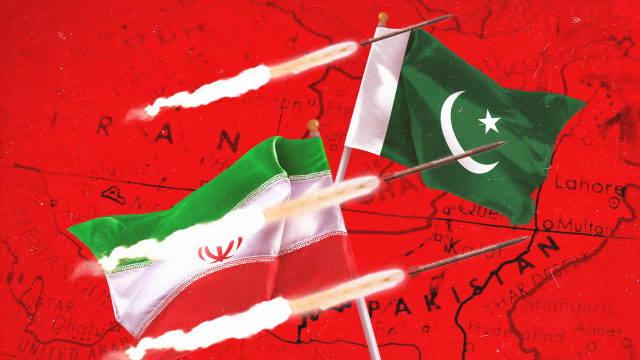 A photo illustration of the flags and map of Iran and Pakistan and rockets.