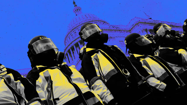 A photo illustration of Capitol Police on Jan. 6 in front of the Capitol.