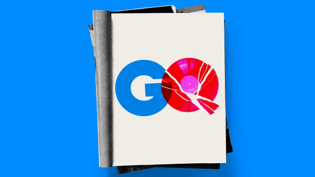 Photo illustration of an open magazine with the GQ logo, but the “Q” is a broken pink record.