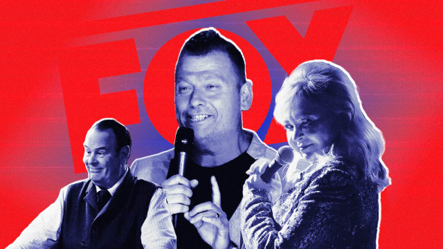 A photo illustration showing Jimmy Failla, Roseanne Barr and a still from A History of the World in Six Glasses over a Fox Nation logo.