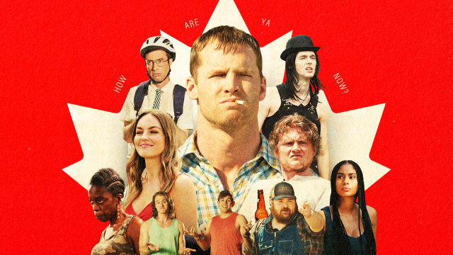 A photo illustration of the cast of Letterkenny in front of a Canadian maple leaf
