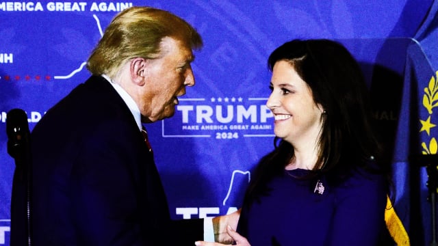 Former President Donald Trump greets Rep. Elise Stefanik (R-NY) during a campaign event in Concord, New Hampshire