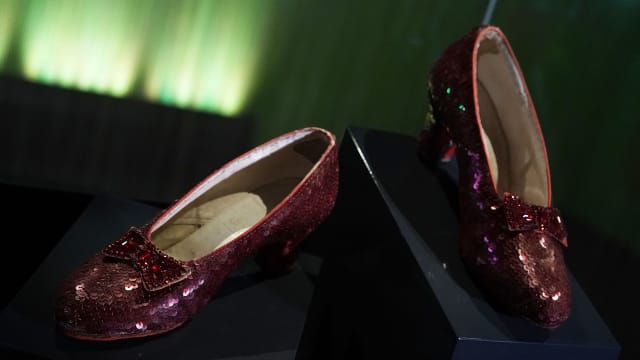 One of the unstolen pairs of ruby slippers Judy Garland wore in The Wizard of Oz on display at the Smithsonian in 2018.