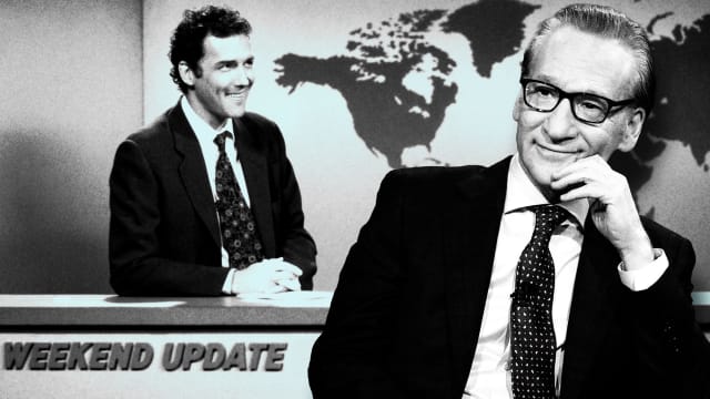 An illustration including a photo of Norm MacDonald and Bill Maher