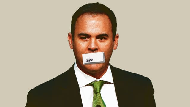 Photo illustration of David Gelles with a delete button over his mouth.