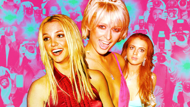 A photo illustration of Britney Spears, Paris Hilton, Lindsay Lohan and photographers.