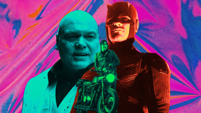 A photo illustration of Marvel's Kingpin, Daredevil, and Echo.