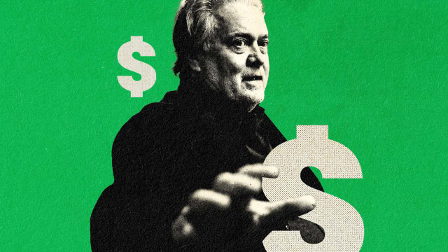 A photo illustration of Steve Bannon holding his hand up with dollar signs around him.