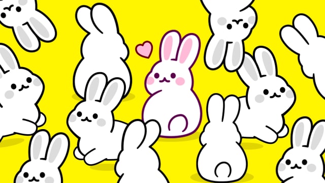 A photo illustration of cartoon bunny rabbits with one in the middle with a heart over her head.