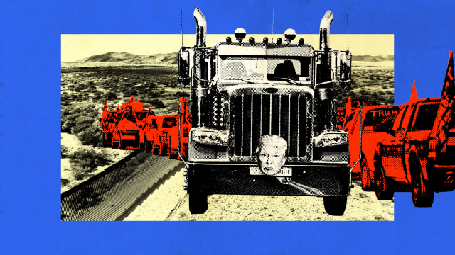 A photo illustration of MAGA trucks overlaying a picture of the border wall