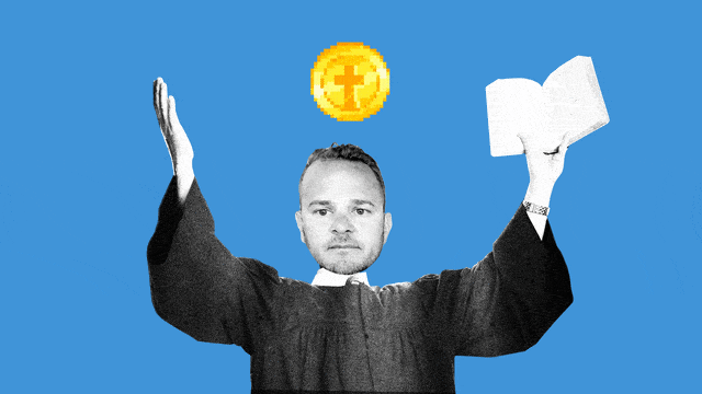 A photo illustration of Eli Regalado as a priest holding a bible with a crypto coin with the cross on it rotating above his head