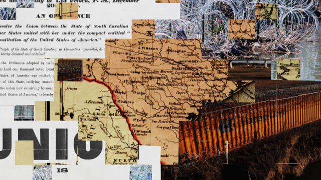 A photo illustration showing the South Carolina 1860 Succession Newspaper Announcement, a map of Texas from 1861 and photographs of concertina wire at the Texas border today.