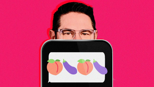 A photo illustration showing Dusty Deever’s eyes peaking over an Iphone text message with peach emojis and eggplant emojis.