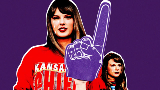A photo illustration showing a fan cheering with a foam finger and Taylor Swift shedding tears.