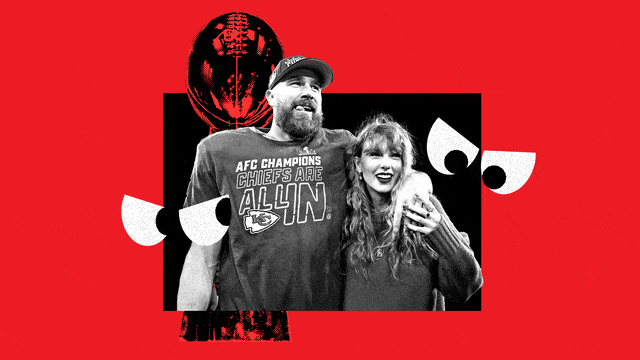 A photo illustration shows Travis Kelce and Taylor Swift embracing with the Super Bowl trophy behind them. Conspiratorial eyes move around them.