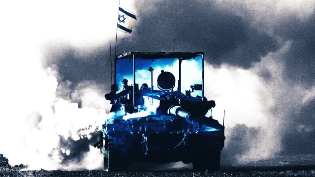 An illustration including a photo of an Israeli tank moves along the border with the Gaza Strip