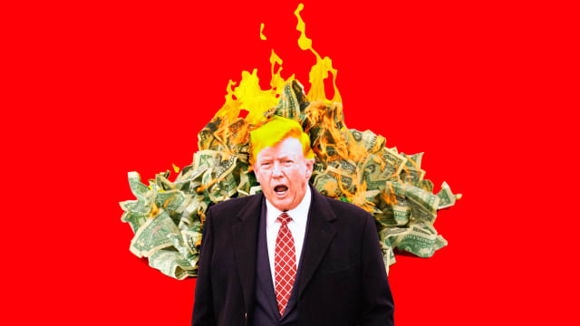 A photo illustration of former President Donald Trump and burning money.